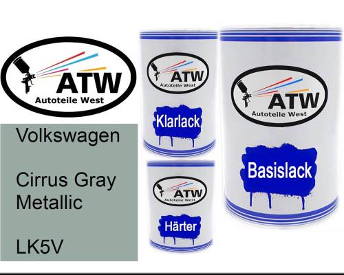 Volkswagen, Cirrus Gray Metallic, LK5V: 500ml Lackdose + 500ml Klarlack + 250ml Härter - Set, von ATW Autoteile West.